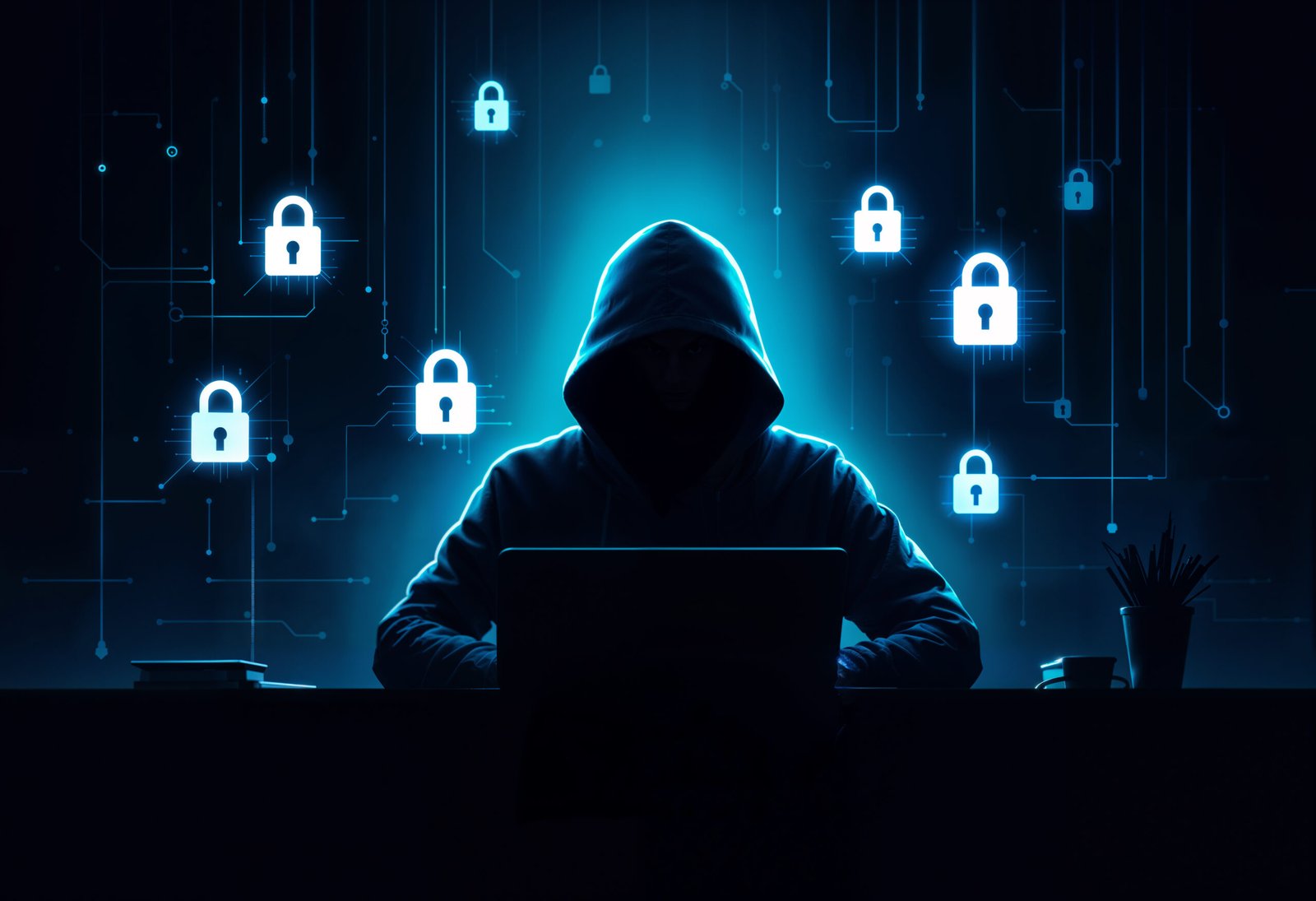 Illustration showing cybersecurity concepts including network protection, data encryption, firewalls, and digital security icons.